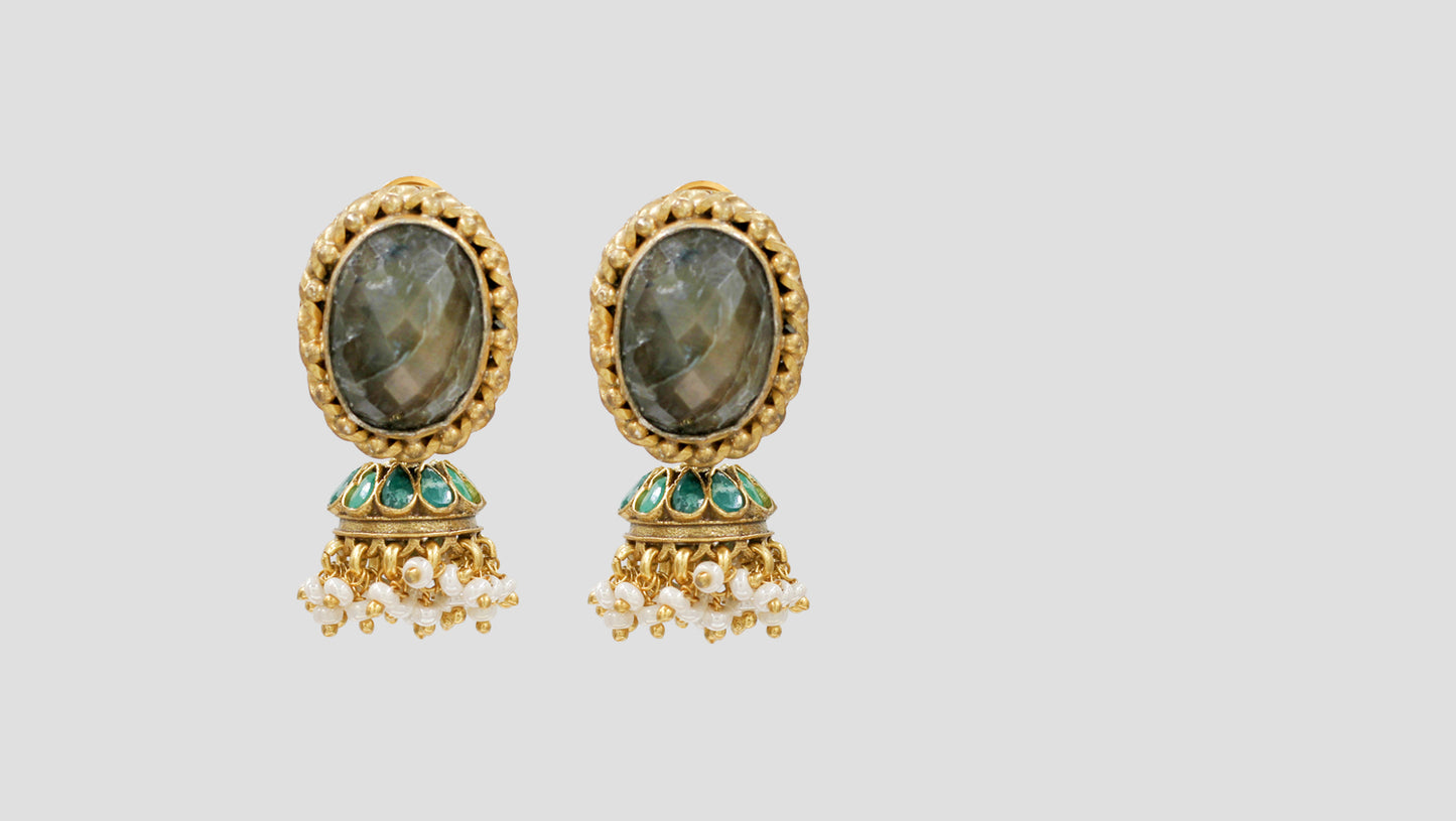 Sangeeta Boochra Gold Plated Labradorite Stone & Pearl Jhumka Earrings
