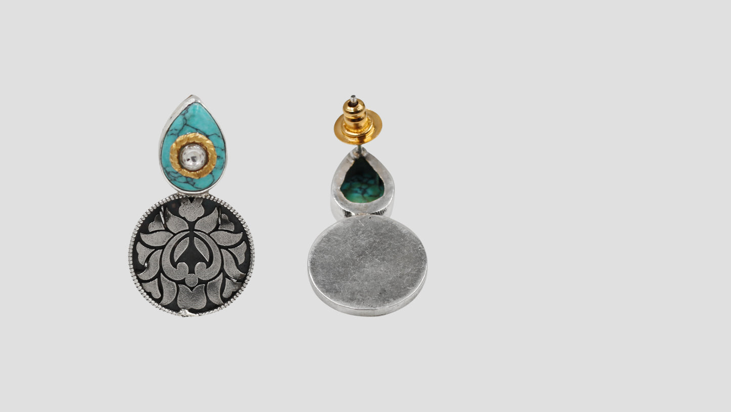 Sangeeta Boochra Handcrafted Turquoise Stone Disc Earrings in 925 Silver