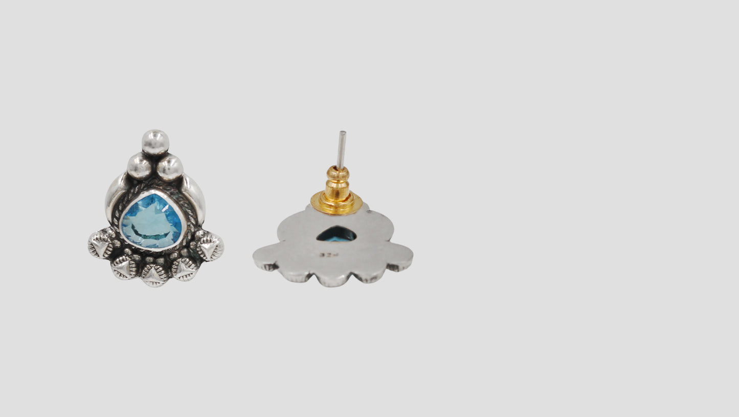 Oxidised Silver Stud Earrings with Sky Blue Teardrop Stone – Sangeeta Boochra