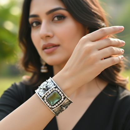 Sangeeta Boochra Artisan Oxidised Silver Cuff with Green Center Stone