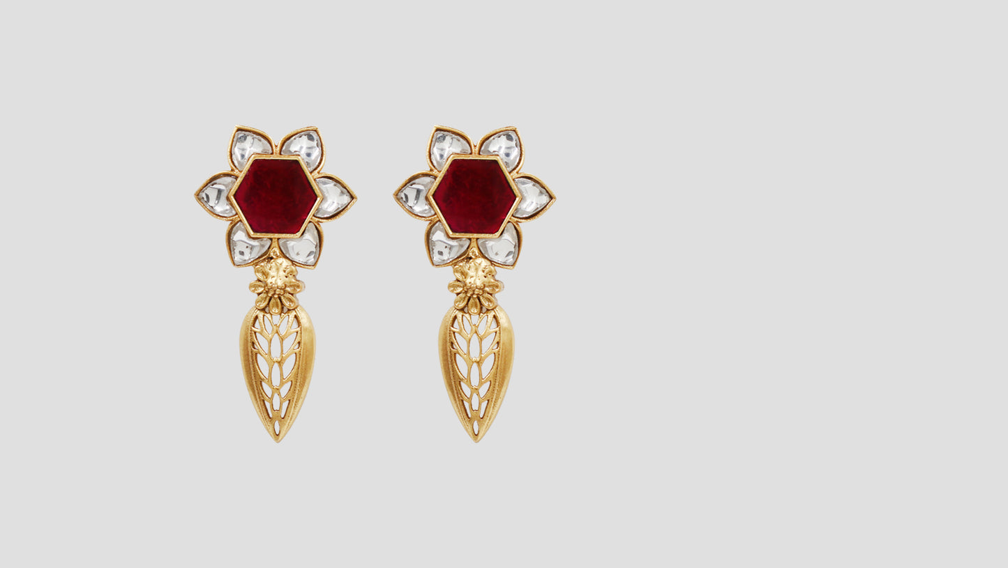 Sangeeta Boochra Gold Plated Silver Floral Statement Earrings with Kundan Detailing