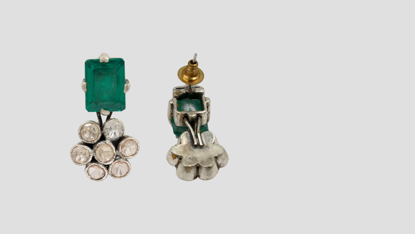Sangeeta Boochra Green Stone & Polki Flower Silver Earrings