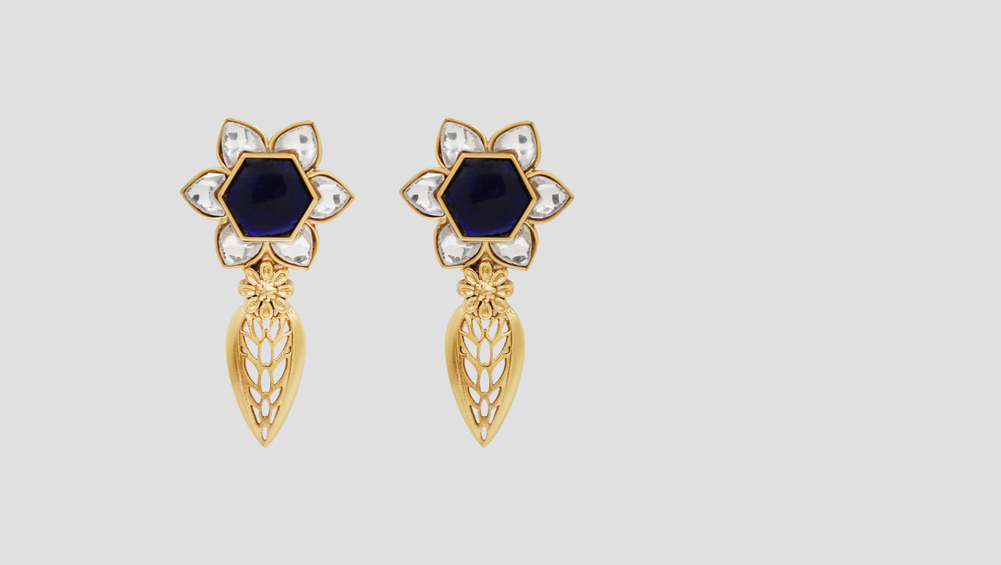 Sangeeta Boochra Handcrafted Gold Plated Silver Floral Statement Earrings with Kundan Detailing