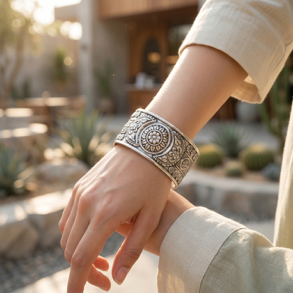 Sangeeta Boochra Floral Engraved Oxidised Silver Cuff