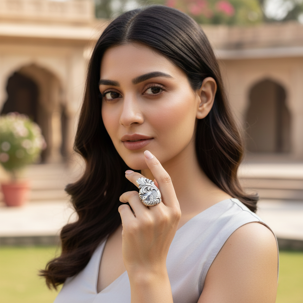 Sangeeta Boochra Heritage Peacock Motif Statement Silver Ring