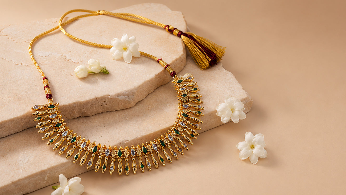 Handcrafted Gold-Plated Silver Statement Necklace with Green & White Stones | Sangeeta Boochra