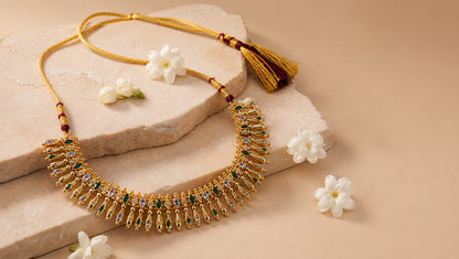 Handcrafted Gold-Plated Silver Statement Necklace with Green & White Stones | Sangeeta Boochra