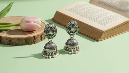 Elegant Oxidised Silver Jhumka Earrings with Oval Stud – Sangeeta Boochra