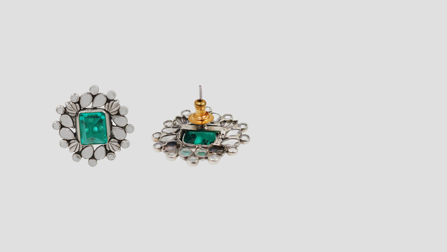 Sangeeta Boochra Artisan Silver Statement Stud Earrings with Green Gemstone