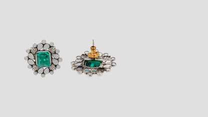 Sangeeta Boochra Artisan Silver Statement Stud Earrings with Green Gemstone