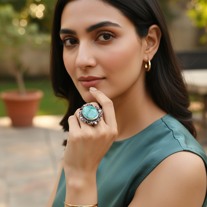 Sangeeta Boochra Statement Silver Ring with Green Stone & Red Detailing