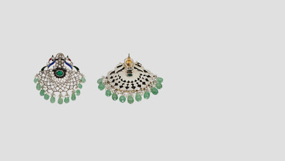 Sangeeta Boochra Handcrafted Peacock Motif Kundan Silver Earrings with Green Bead Drops