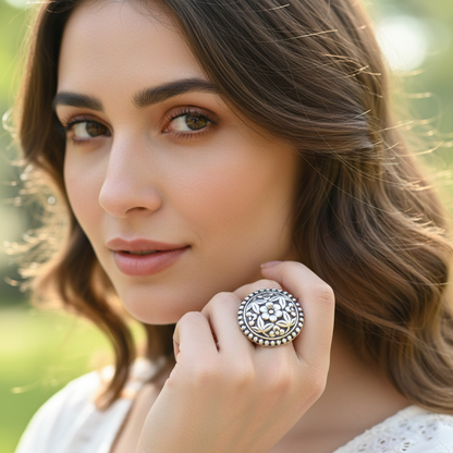 Sangeeta Boochra Floral Heritage Oxidised Silver Ring