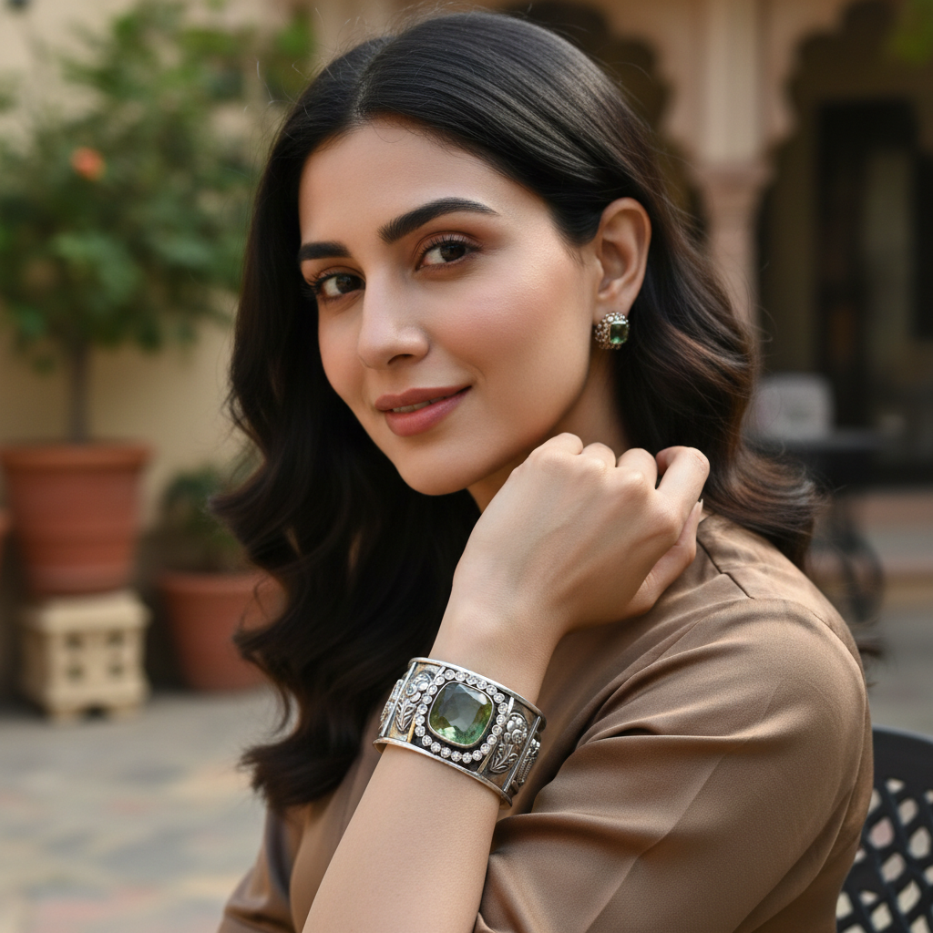 Sangeeta Boochra Green Stone Oxidised Silver Statement Cuff