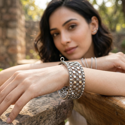 Handcrafted Oxidised Silver Statement Bangle by Sangeeta Boochra