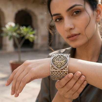 Sangeeta Boochra Statement Silver Bangle with Gold Accents & Floral Motif