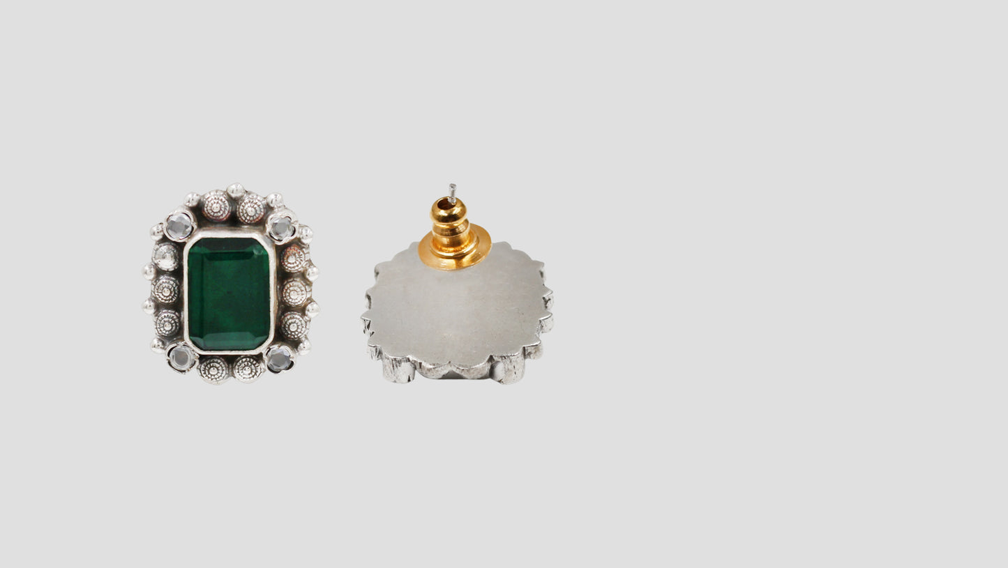 Sangeeta Boochra Oxidised Sterling Silver Emerald Green Statement Stud Earrings