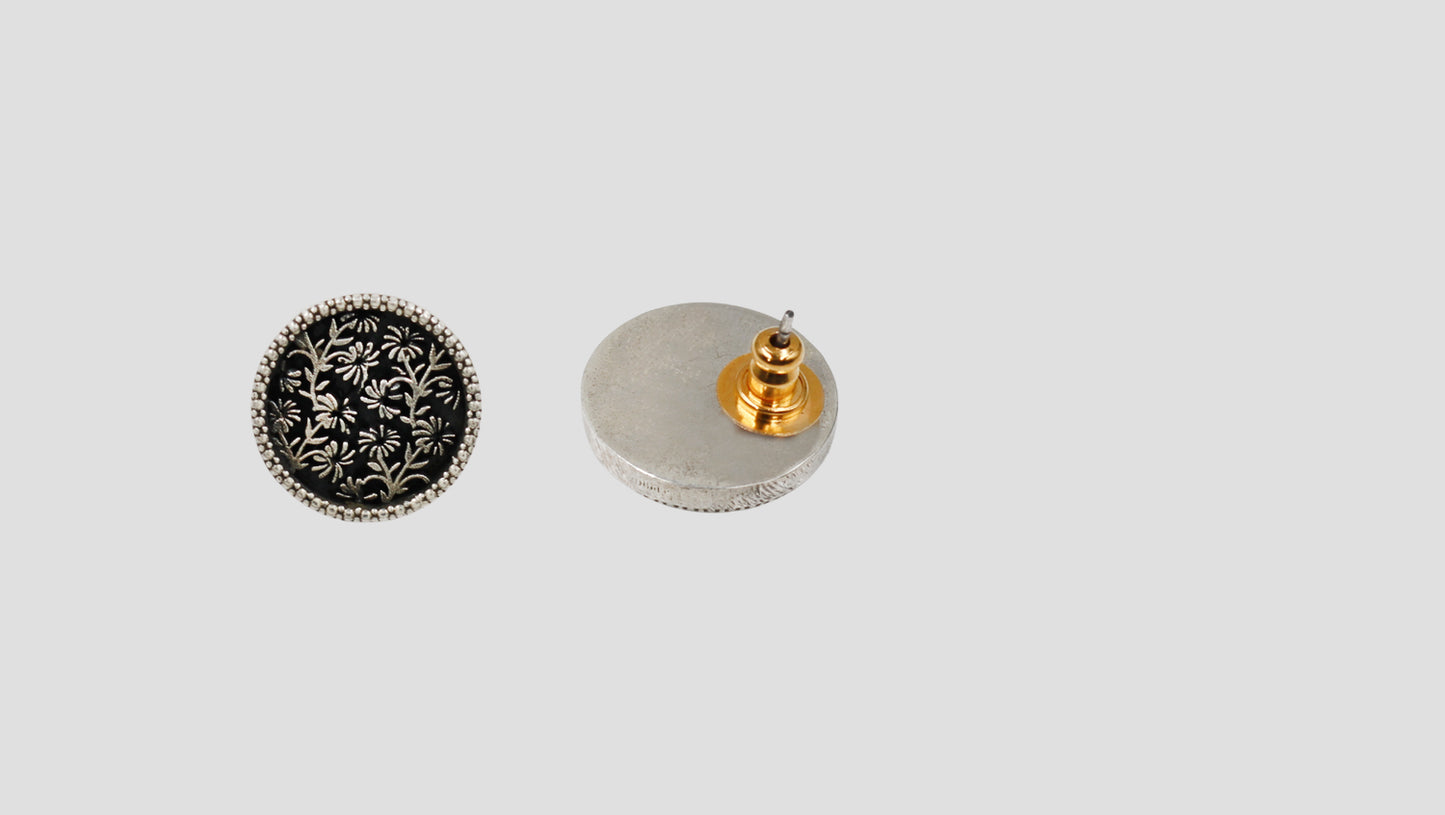Sangeeta Boochra Oxidised Silver Round Floral Engraved Studs