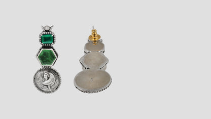 Sangeeta Boochra Signature Silver Peacock Motif Earrings with Green Gemstone Detailing