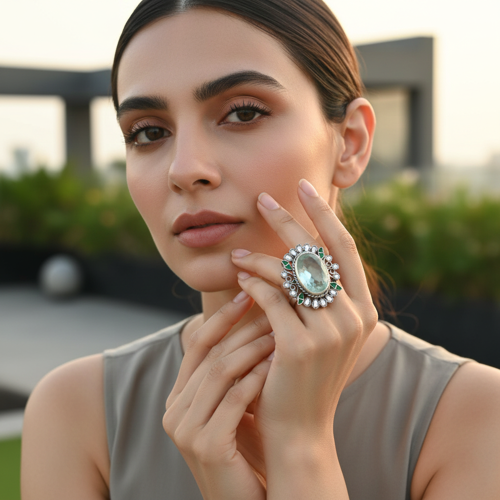 Sangeeta Boochra Oval Cut Stone Silver Statement Ring