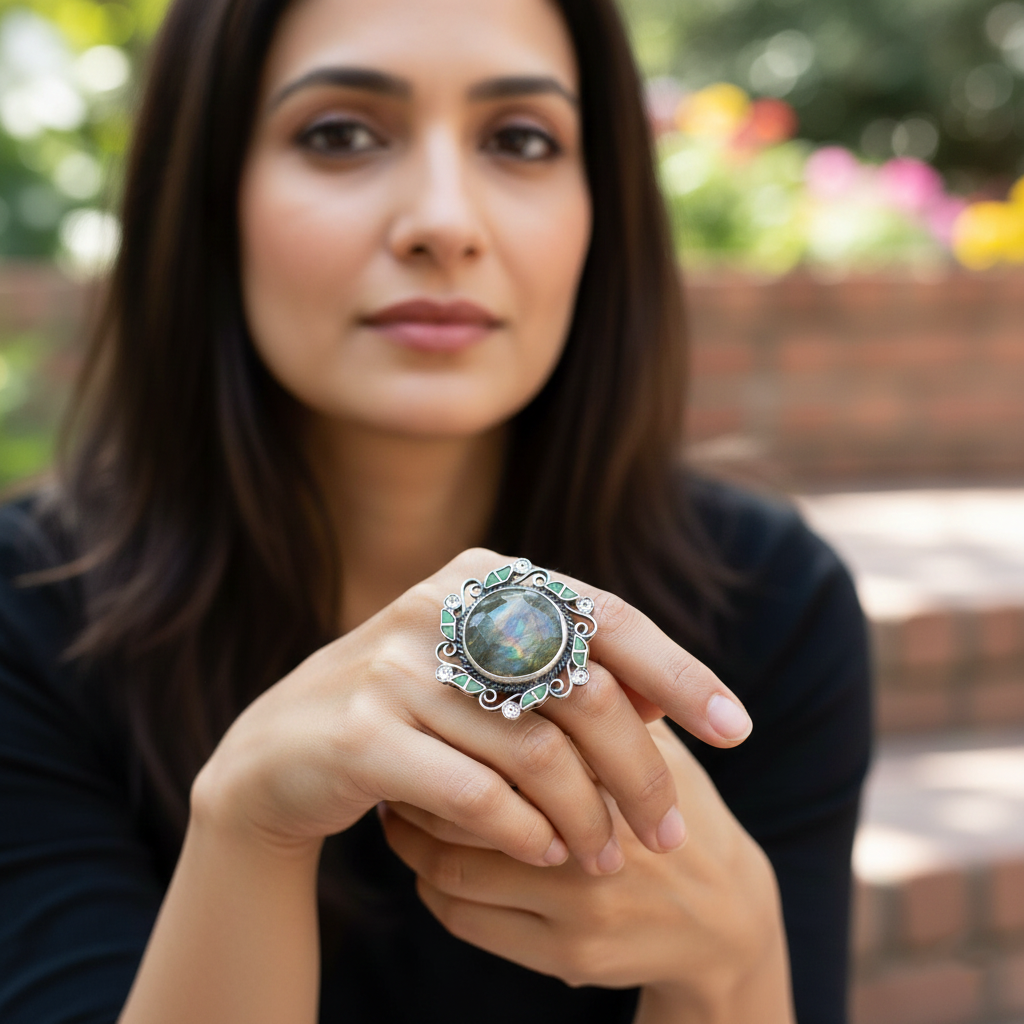 Sangeeta Boochra Mystic Labradorite Silver Statement Ring