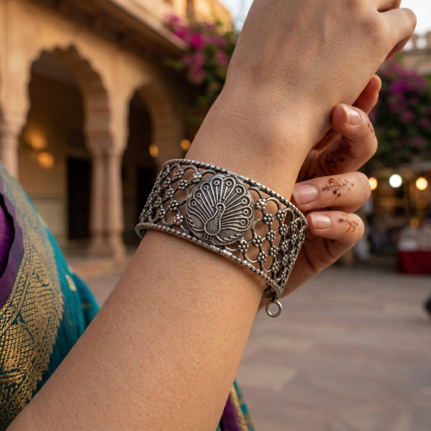 Sangeeta Boochra Peacock Motif Oxidised Silver Bangle