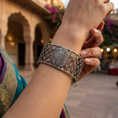 Sangeeta Boochra Peacock Motif Oxidised Silver Bangle