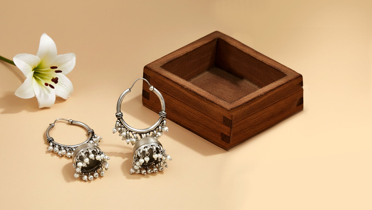 Sangeeta Boochra Classic Pearl Jhumka Silver Hoop Earrings