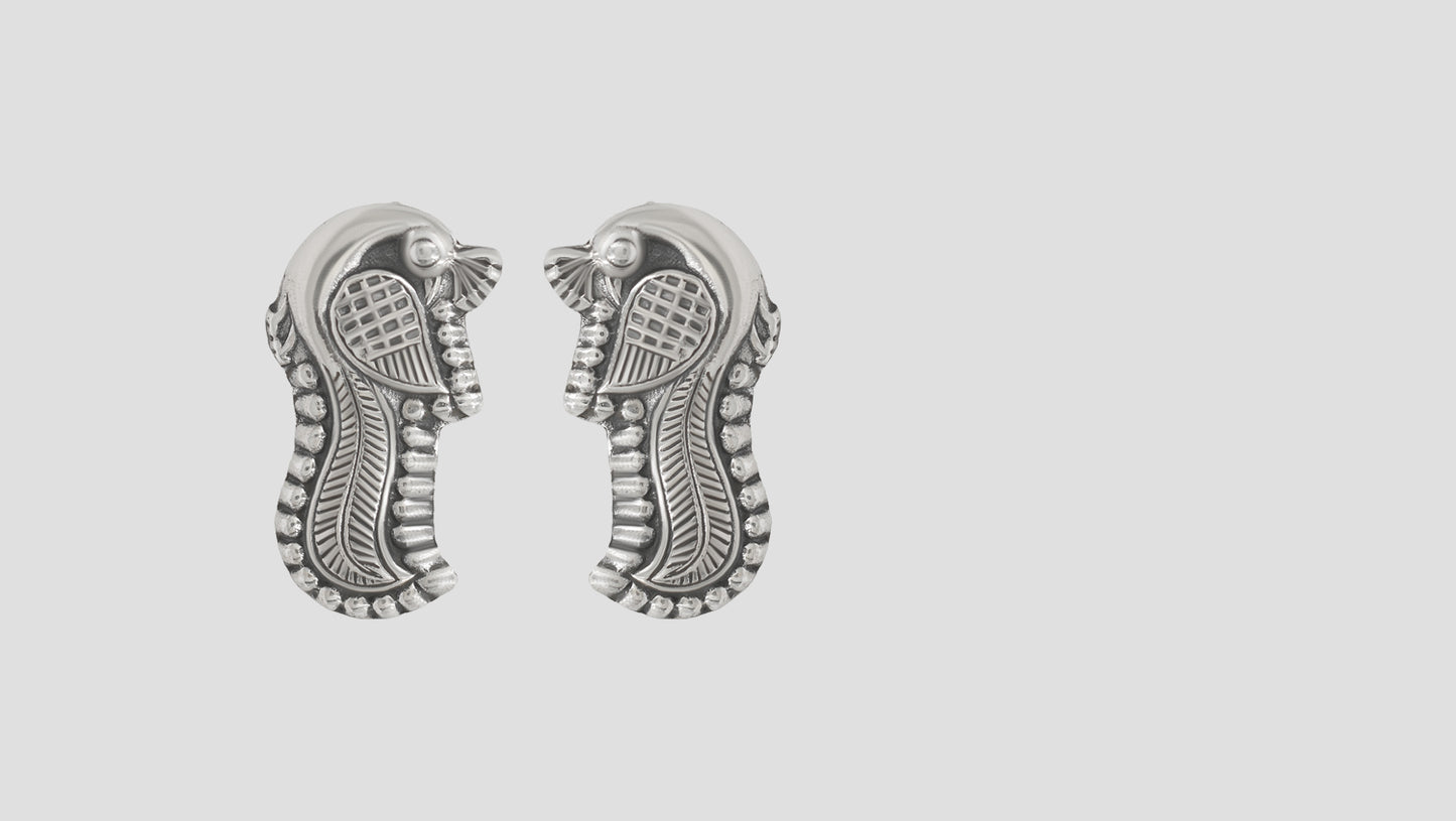 Sangeeta Boochra Handcrafted Ornate Silver Peacock Motif Stud Earrings