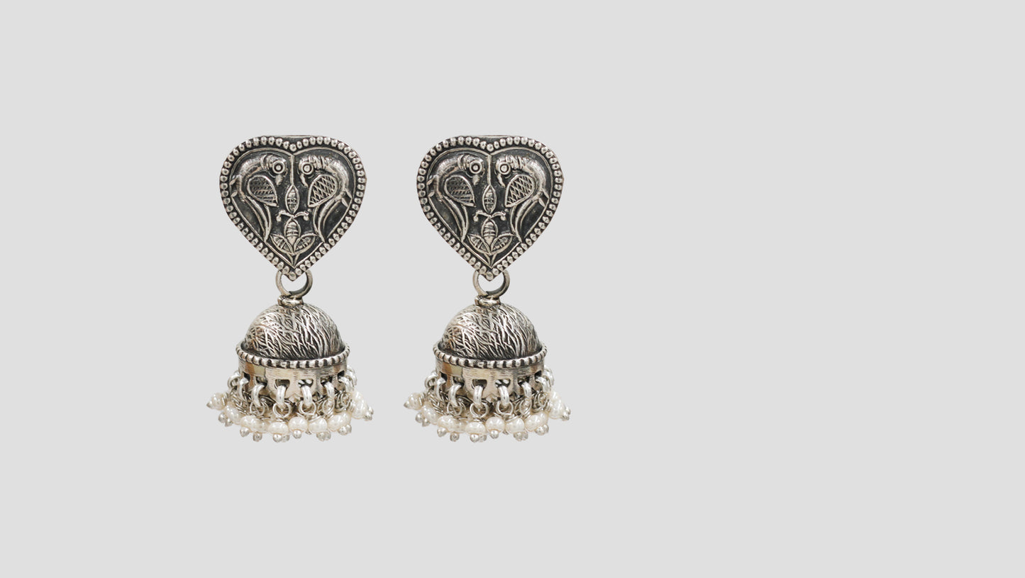 Sangeeta Boochra Handcrafted Peacock Heart Jhumki Earrings in Oxidised Silver