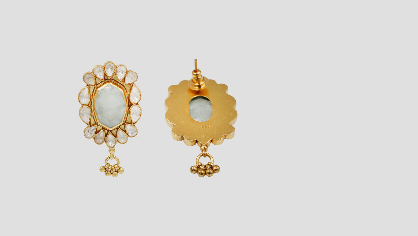 Sangeeta Boochra 925 Silver Gold Plated Moissanite & Aqua Stone Statement Earrings