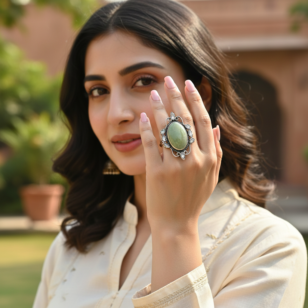 Sangeeta Boochra Handcrafted Green Stone Silver Ring