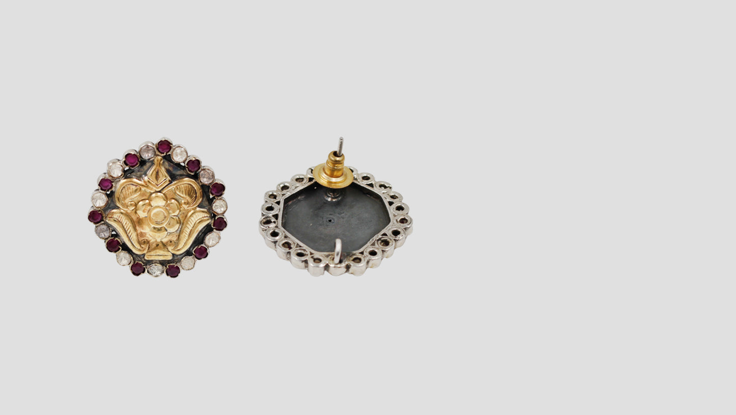 Sangeeta Boochra Dual-Plated Sterling Silver Floral Stud Earrings with Ruby & White Stones