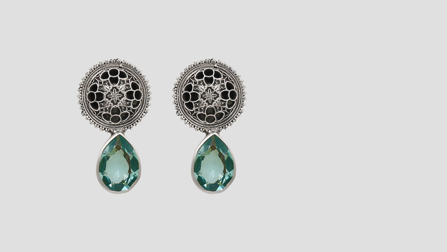Sangeeta Boochra Oxidised Silver Aqua Drop Statement Earrings