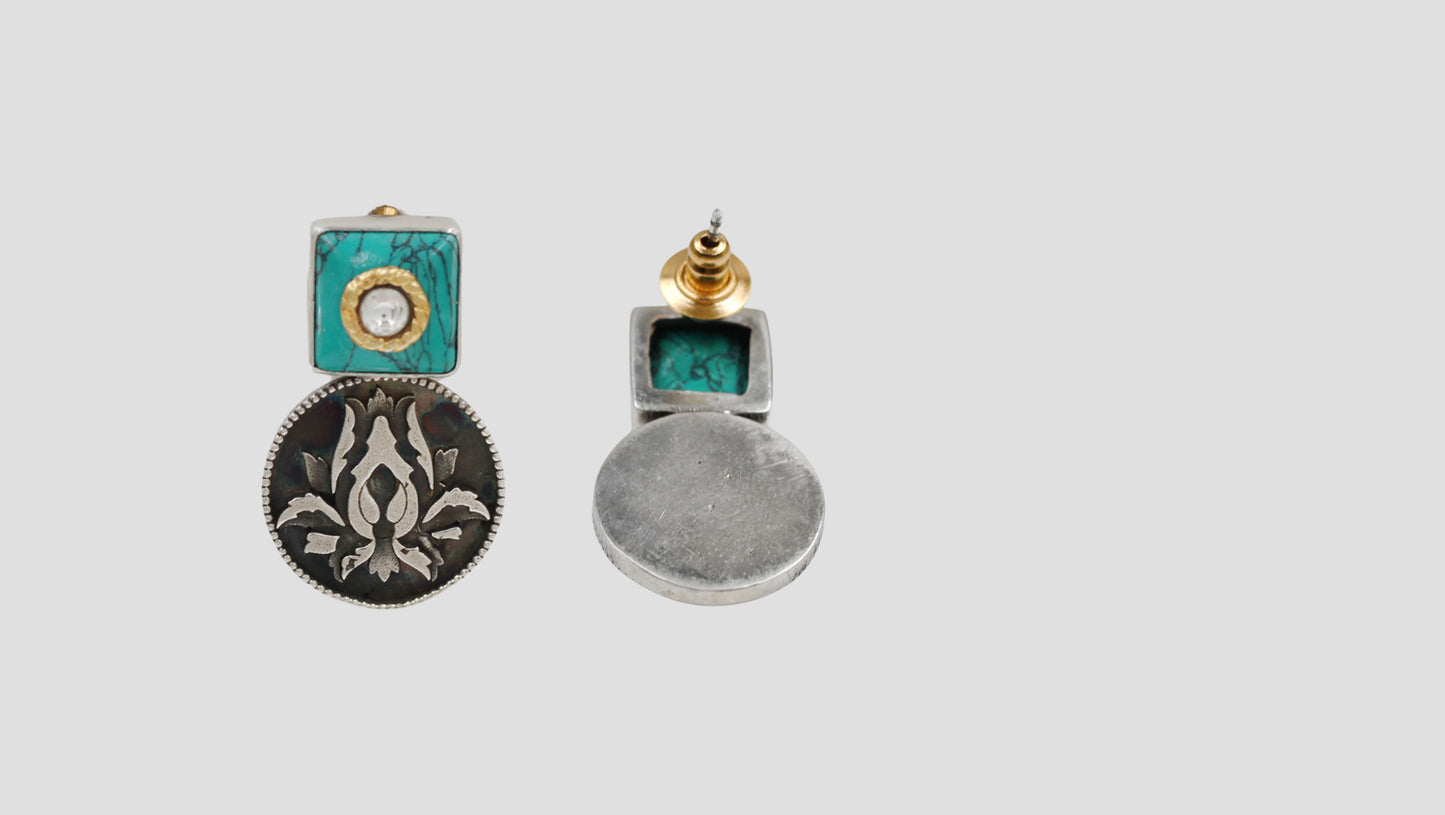 Sangeeta Boochra Turquoise Stone Floral Oxidised Silver Earrings