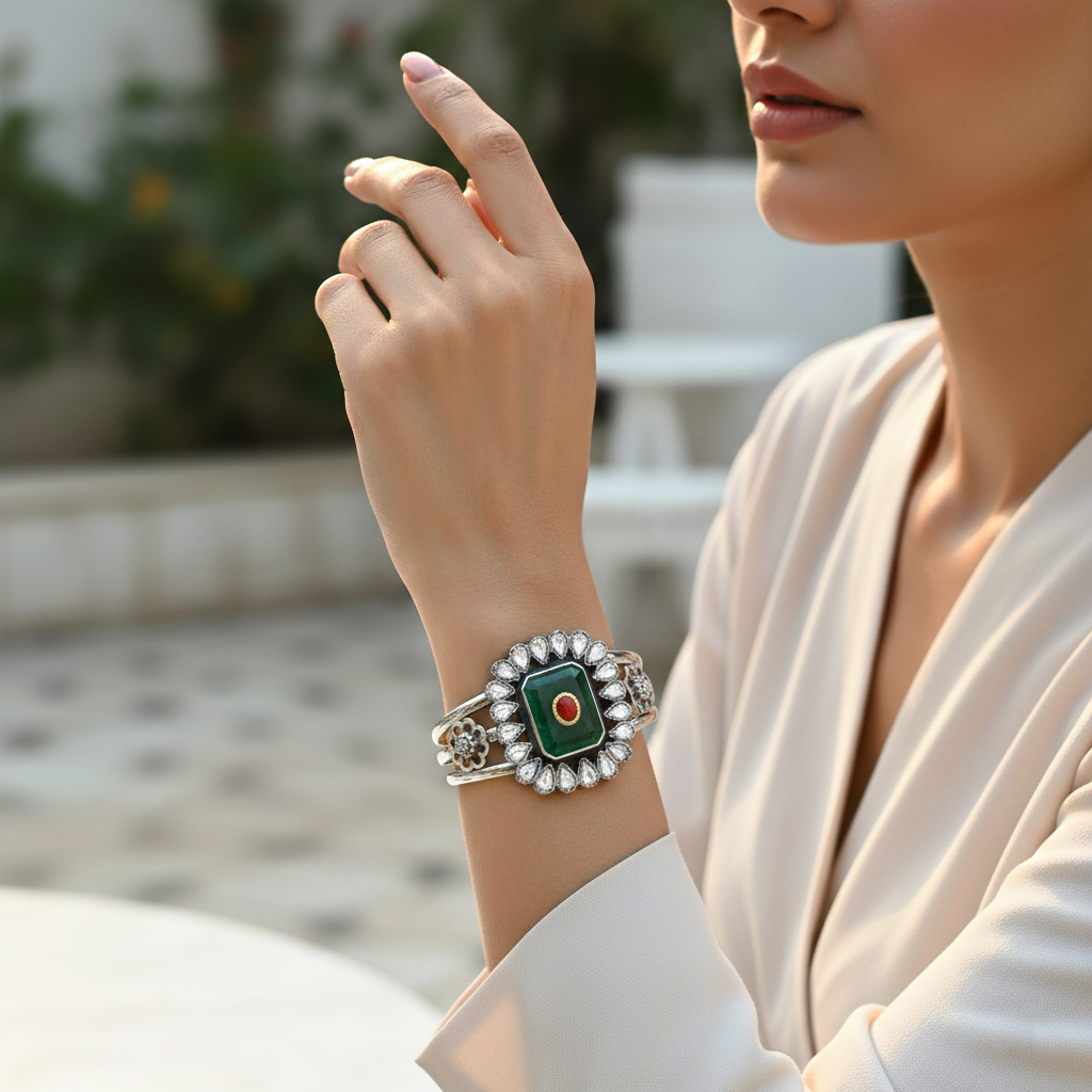 Sangeeta Boochra Royal Green Halo Silver Bracelet