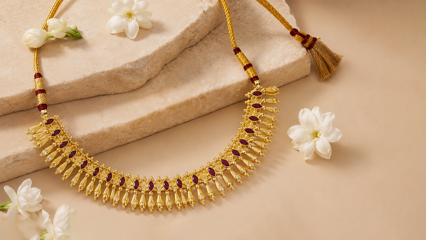 Gold-Plated Silver Necklace with Ruby Red & White Stone Embellishments – Sangeeta Boochra