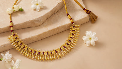 Gold-Plated Silver Necklace with Ruby Red & White Stone Embellishments – Sangeeta Boochra