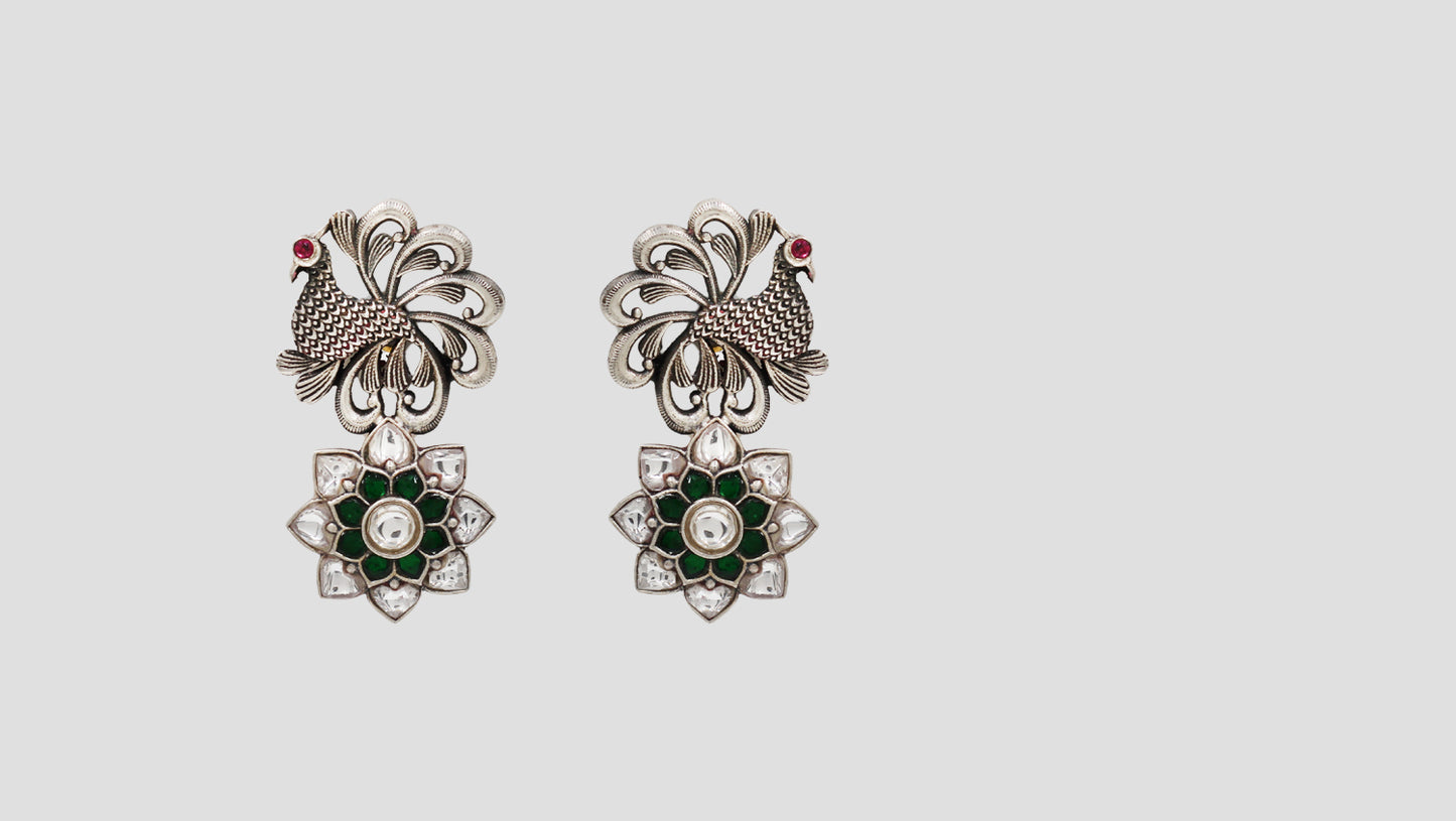 Sangeeta Boochra Handcrafted Peacock Motif Kundan Silver Earrings