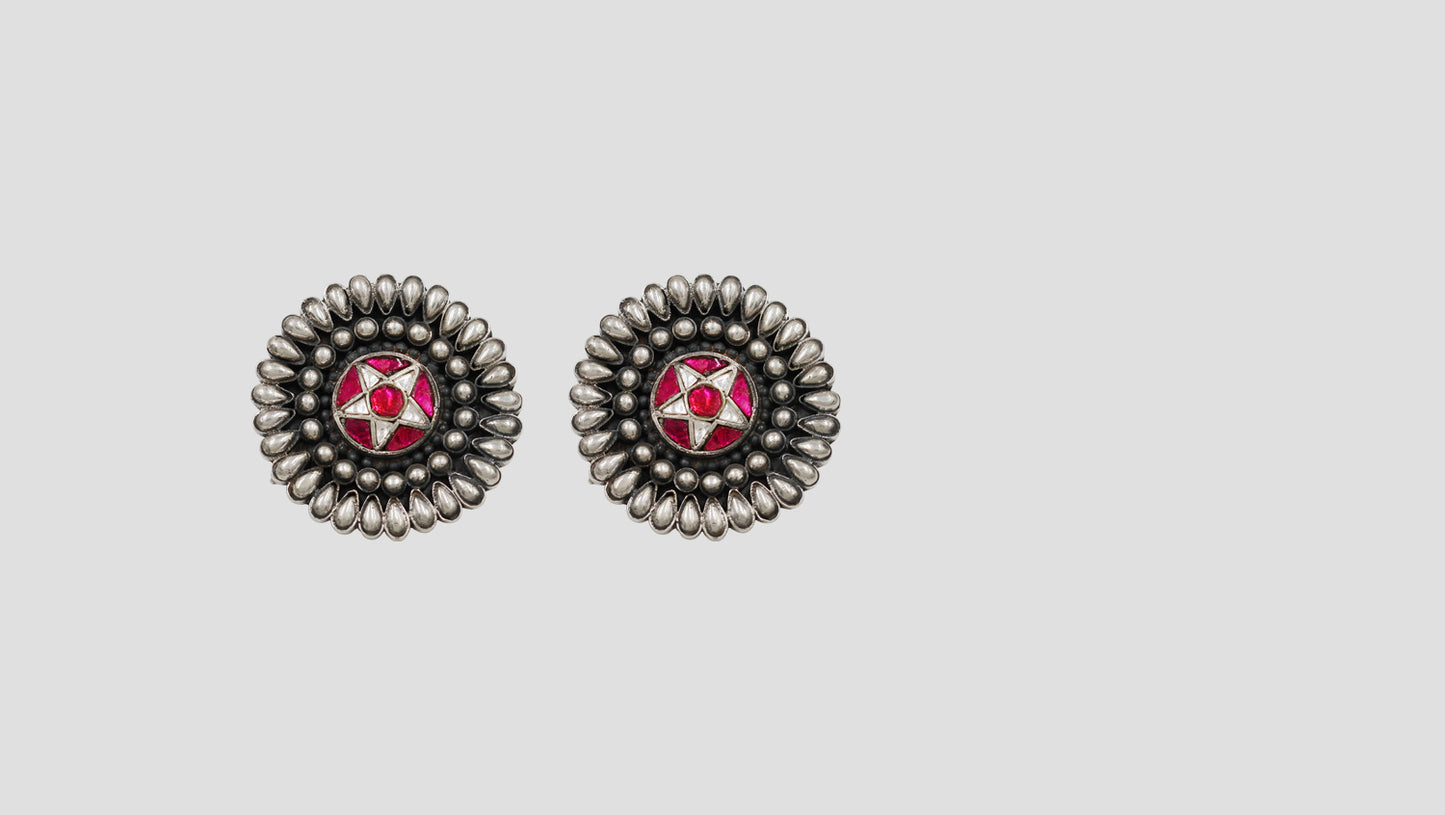 Sangeeta Boochra Artisan Oxidised Silver Earrings with Kundan Detailing