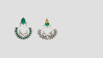 Sangeeta Boochra Designer Peacock Silver Earrings | Green Gemstone Statement Earrings