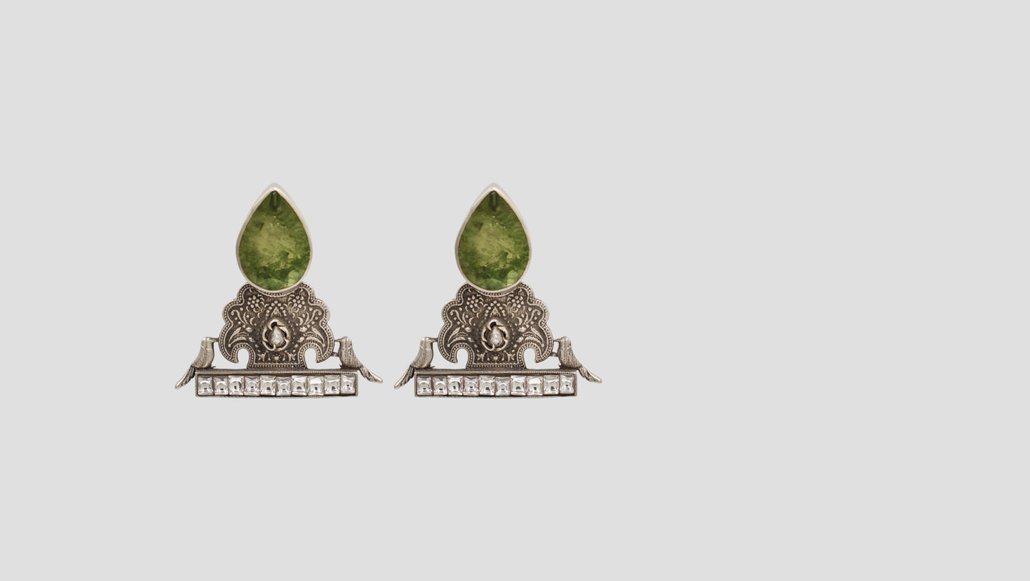 Sangeeta Boochra Handcrafted Oxidised Silver Earrings with Green Gemstone