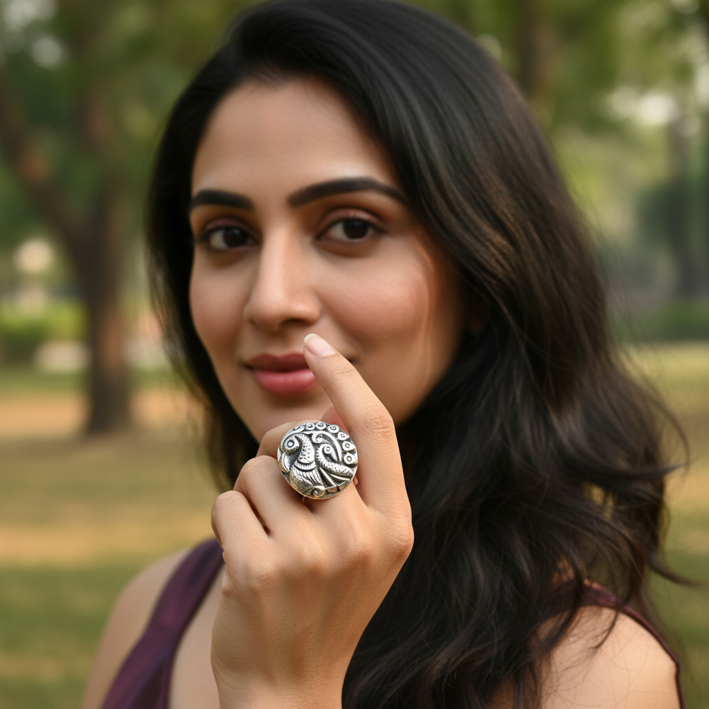 Sangeeta Boochra Oxidised Silver Peacock Statement Ring