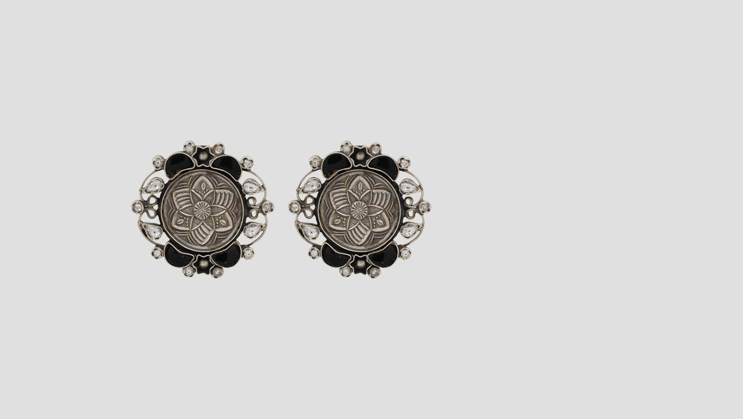 Sangeeta Boochra Artisan Floral Oxidised Silver Earrings with Black Stone