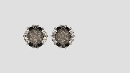 Sangeeta Boochra Artisan Floral Oxidised Silver Earrings with Black Stone