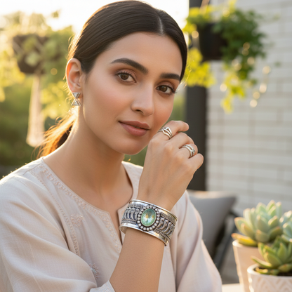 Sangeeta Boochra Heritage Oxidised Silver Cuff with Green Center Stone