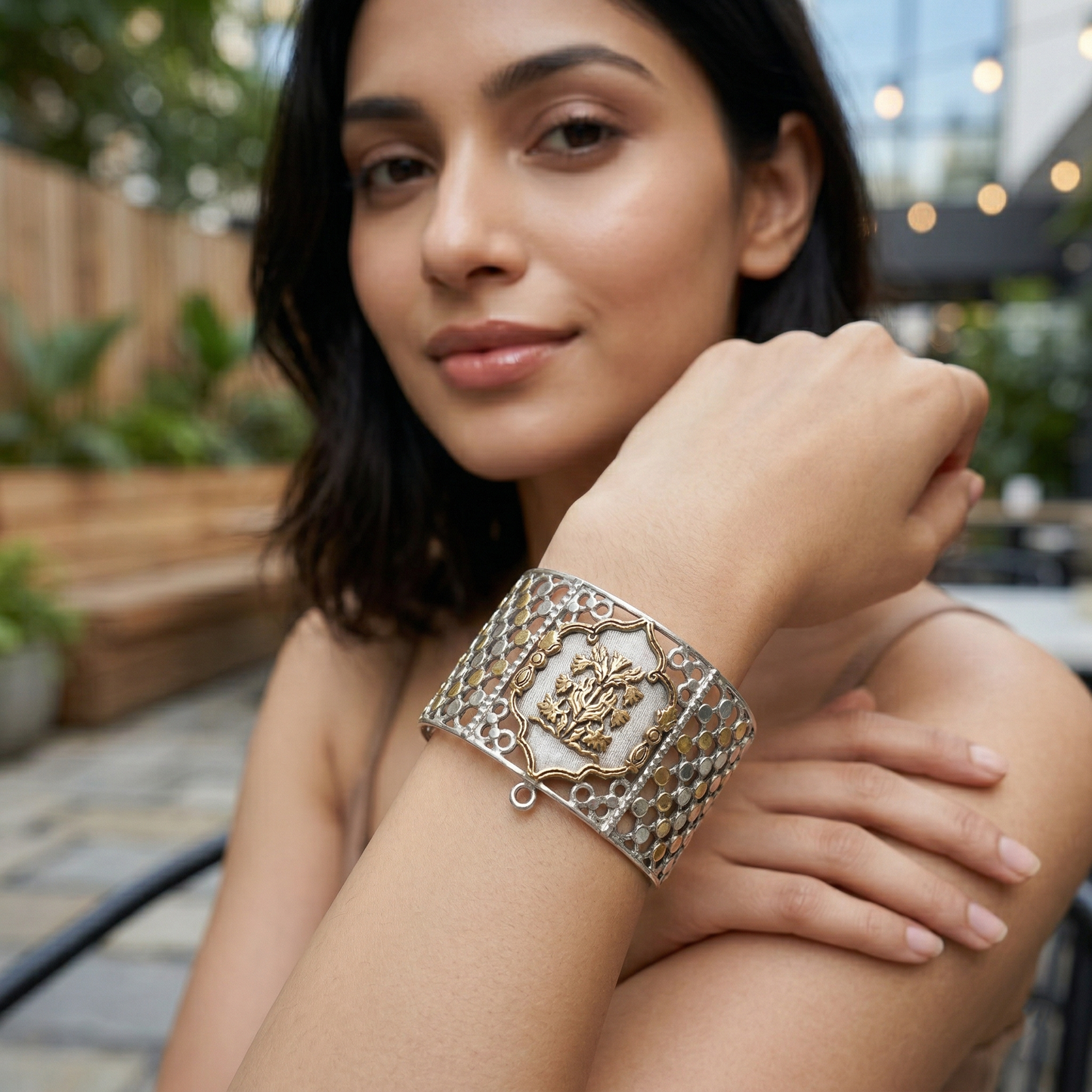 Handcrafted Dual-Tone Silver Bangle with Heritage Crest | Sangeeta Boochra