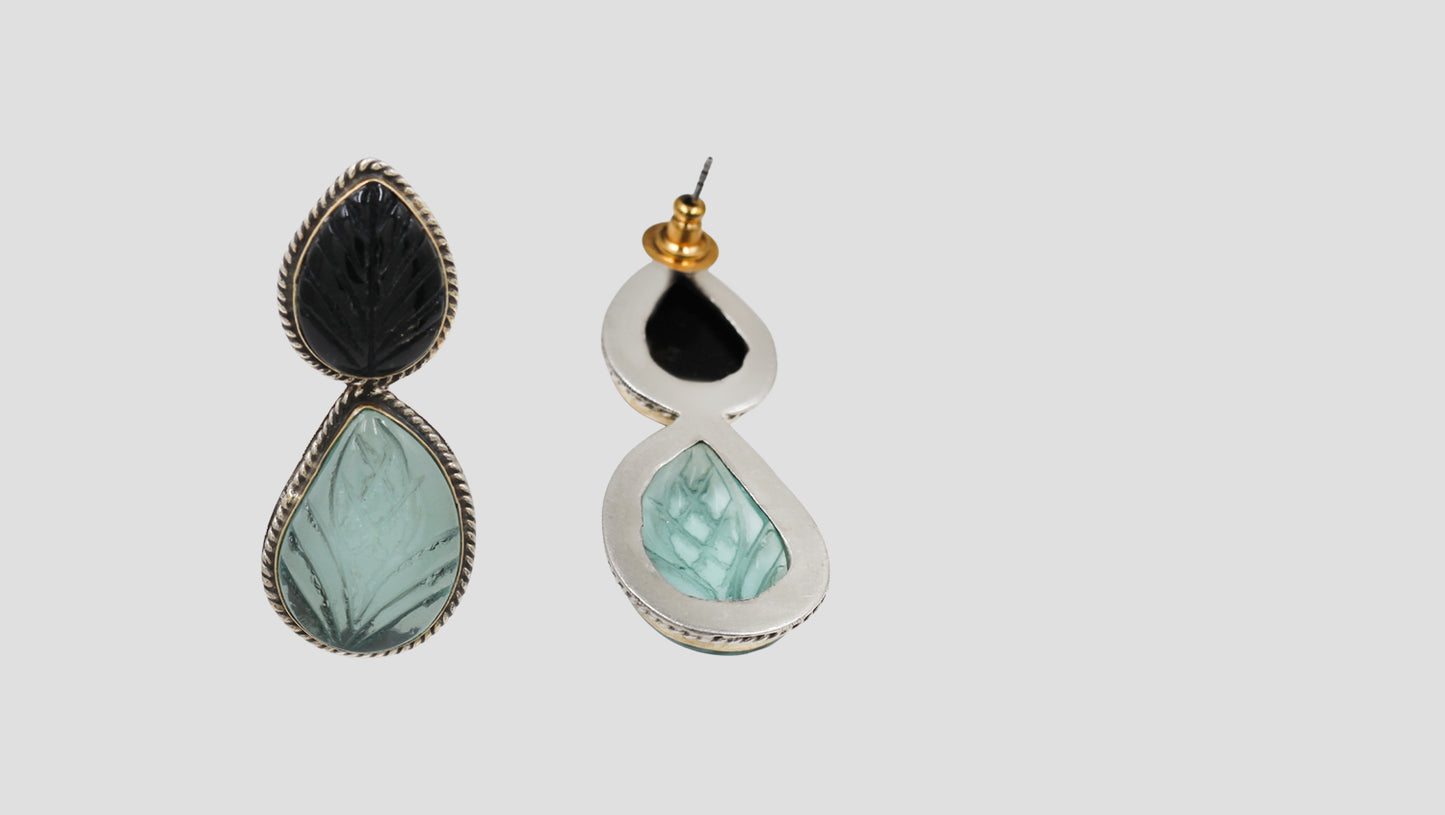 Sangeeta Boochra Handcrafted Silver Earrings with Black & Aqua Stones