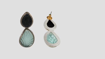 Sangeeta Boochra Handcrafted Silver Earrings with Black & Aqua Stones