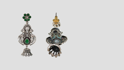 Sangeeta Boochra Peacock Motif Sterling Silver Earrings with Green Kundan & Jhumki Drop